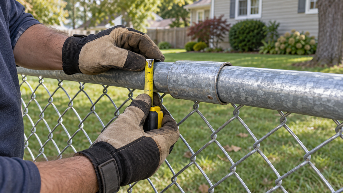 Gloved hands measuring the galvanized top rail of a chain-link fence beside its sleeve connection