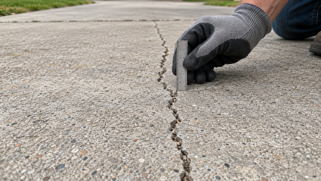 Gloved hand measuring a narrow crack in an outdoor concrete driveway
