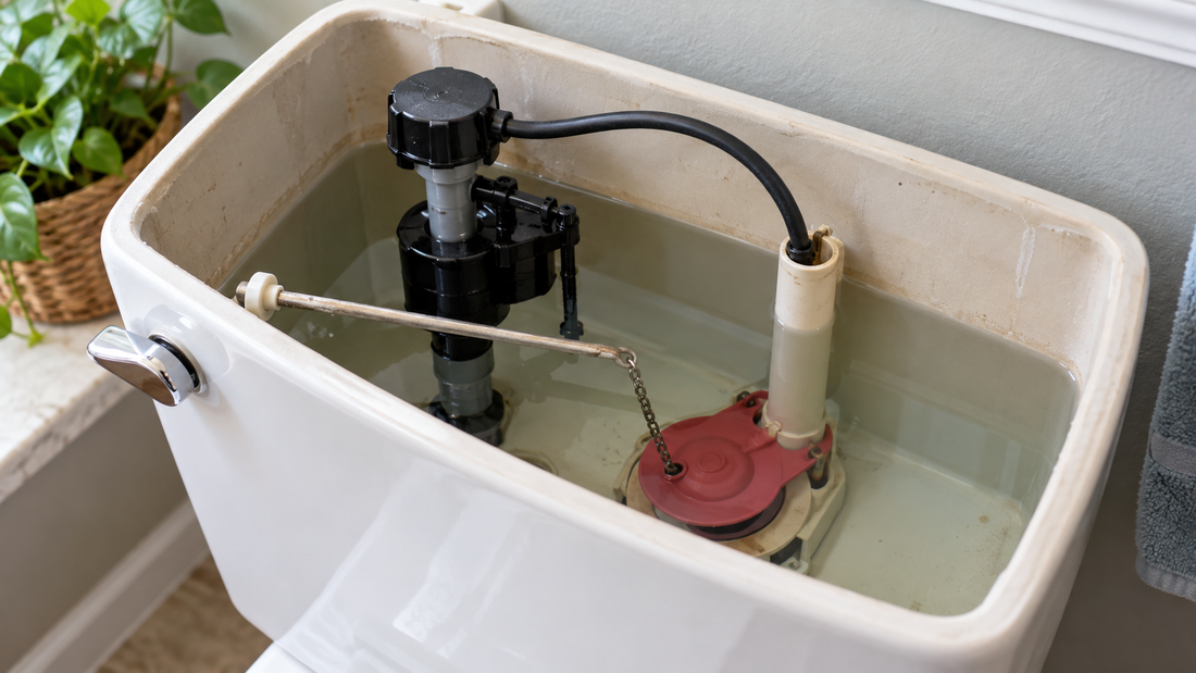 Open toilet tank showing the flapper, chain and fill valve during a running-toilet inspection