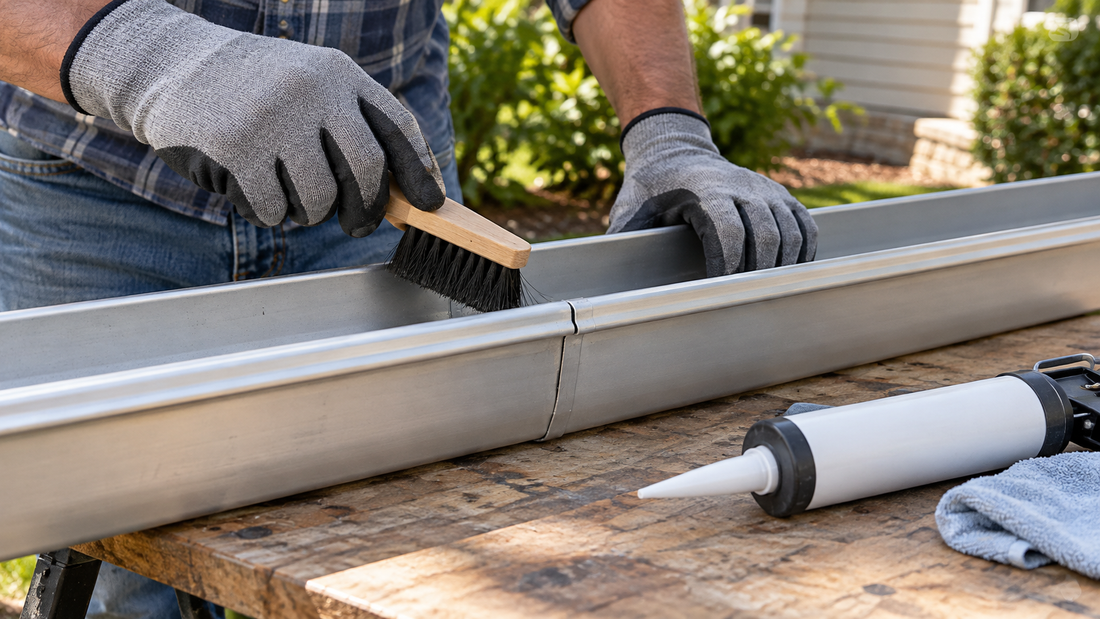 Gloved hands brushing a gutter seam on a workbench beside an exterior sealant tube