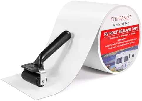 RV Roof Tape with Rubber Roller, 6 Inch x 50 Feet RV Sealant Tape for Camper Roof Repair, Boat Sealing, Trailer Roofing Seam Leaks, UV Resistant, Waterproof, White