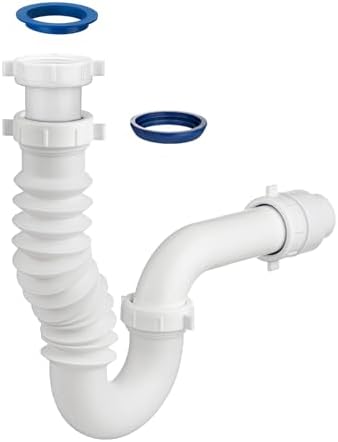 (1 Pack) Yariwiz White P Trap 1-1/2 Inch for Bathroom Kitchen Sink Drain Pipe Tubular Kit with Adjustable J-Bend, Tailpiece, Threaded Adapter and Blue TPE Washer KSD-008W