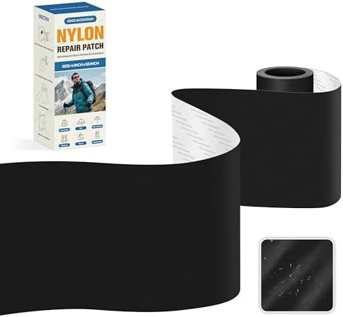 KING MOUNTAIN Self Adhesive Nylon Fabric Repair Tape, 4×63 Inches, Quick Down Jacket Repair Patch, Waterproof Outdoor Gear Patch Kit for Tent,Backpacks,Umbrella, Gloves, Sleeping Bag (Black）