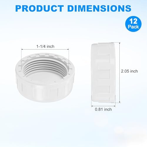M METERXITY 12-Pack PVC Pipe End Cap Plug Adapter 1-1/4 in, Female Thread | White, Water End Cap Connector, Inner Teeth Pipe Plugs, for Outside Lawn, Yard/Watering Irrigation Systems