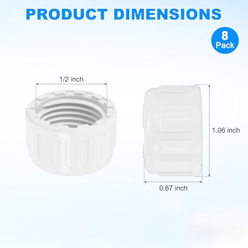 M METERXITY 8-Pack PVC Pipe End Cap Plug Adapter 1/2 in, Female Thread | White, Water End Cap Connector, Inner Teeth Pipe Plugs, for Outside Lawn, Yard/Watering Irrigation Systems