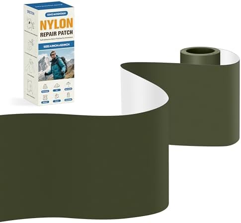 KING MOUNTAIN Self Adhesive Nylon Fabric Repair Tape, 4×63 Inches, Quick Down Jacket Repair Patch, Waterproof Outdoor Gear Patch Kit for Tent,Backpacks,Umbrella, Gloves, Sleeping Bag (Army Green)