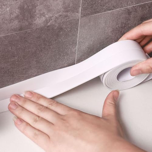 White Waterproof Caulk Tape PVC Self Adhesive Caulk Strip Joint Adhesive Shower Bathtub Joint Strip Bathroom Sealing Tape Kitchen Sealing Tape and Shower Tile Sealant