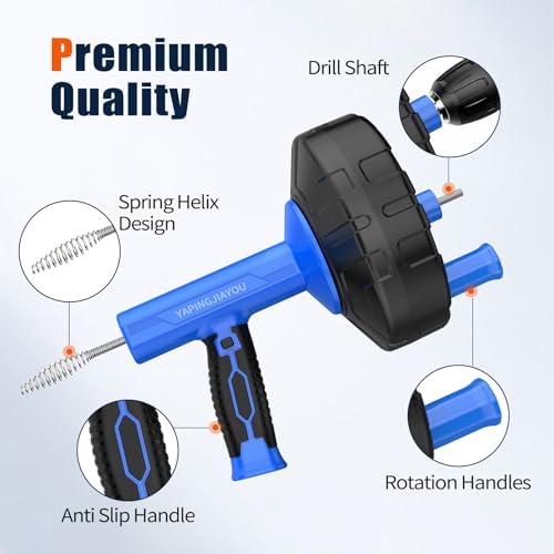 33-Feet Drain Snake Auger Kit, Plumbing snake, Manual or Electric drain snake with Auto-Retract/Feed, for Kitchen, Bathroom, Shower, and Floor Drain sauger，Include Gloves Storage Bag etc (Blue)