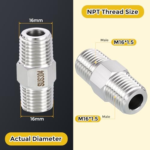 METALLIXITY 1PCS M16-1.5Male x M16-1.5Male Thread SUS304 Hex Nipple Adapter | Straight Extension Adapters, 304 Stainless Steel Pipe Fittings for Water Line, Tub Spout/Shower Head
