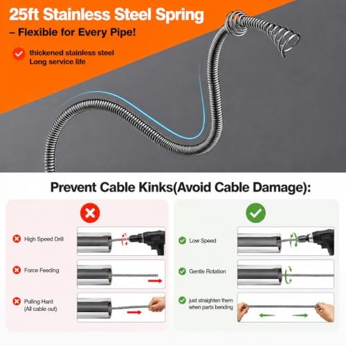 Drain Auger, Plumbing Snake With Drill Adapter, 35ft Heavy Duty Flexible Sink Steel Plumbing Auger Bathroom Hair Clog Removal Tool, Manual Or Powered - No auto retract or feed