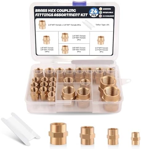 24Pcs Brass Pipe Fittings Hex Coupling Kit,1/8" 1/4" 3/8" 1/2" NPT