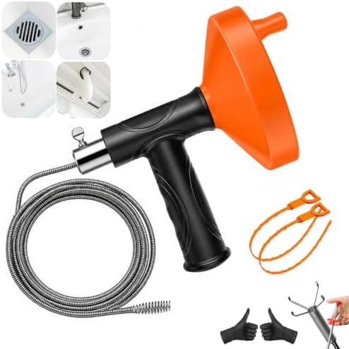 Drain Snake Auger, Plumbing Snake Drain Hair Clog Removal Tool, Sink Unclogger Drain, Heavy Duty Drum Auger, Cleaner Tool for Bathroom Kitchen Tub Shower Drain Clog Remover with Gloves (33 Feet)
