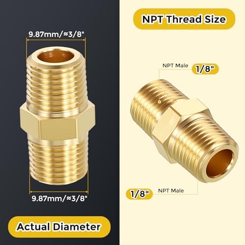 METALLIXITY 5PCS 1/8" MNPT x 1/8" MNPT Thread Brass Hex Nipple Adapter | Male Straight Extension Adapters, Brass Pipe Fittings for Water Line, Tub Spout/Shower Head