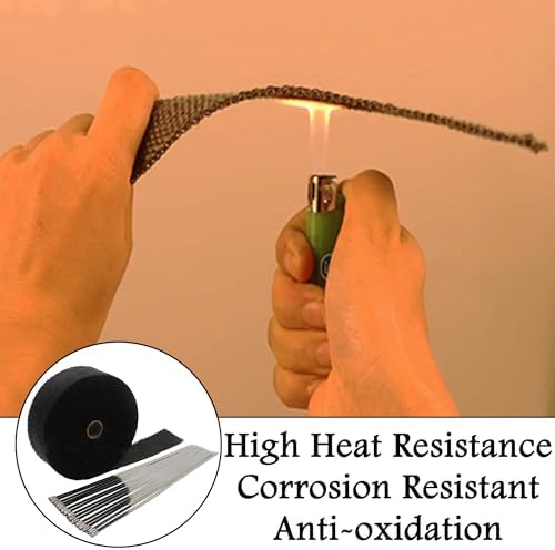 Deecam Exhaust Heat Wrap, 2 Roll 2'' x 50' Exhaust Header Wrap, Black Fireglass Heat Tape for Motorcycle Manifold Pipe Heat Shield with 24 Stainless Steel Ties