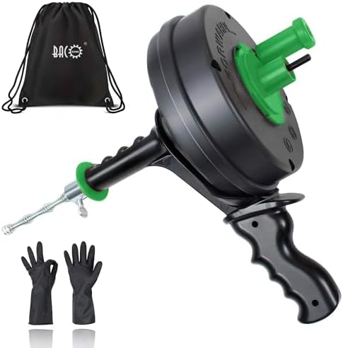 BACOENG 25Ft Drain Auger, Heavy Duty Plumbing Snake with Drill Adapter, Use Manually or Powered for Drain Clog, Shower Sink, Comes with Gloves and Bag (Green)
