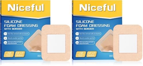 Niceful 10 Count Silicone Foam Dressing 1.6" x 2", Wound Dressing for Minor Surgical Incisions, Abrasions, Absorbent Silicone Bandages for Sensitive Skin, Small Bed Sore Bandages (Pack of 2)
