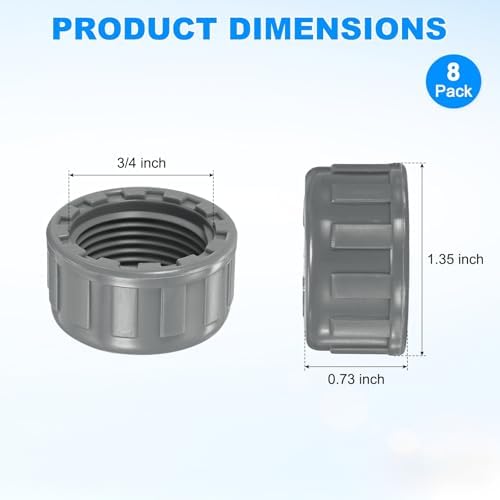 M METERXITY 8-Pack PVC Pipe End Cap Plug Adapter 3/4 In, Female Thread | Gray, Water End Cap Connector, Inner Teeth Pipe Plugs, for Outside Lawn, Yard/Watering Irrigation Systems