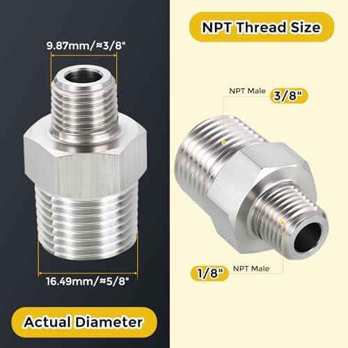 METALLIXITY 10PCS 3/8" MNPT x 1/8" MNPT Thread SUS304 Hex Nipple Adapter | Male Straight Extension Adapters, 304 Stainless Steel Pipe Fittings for Water Line, Tub Spout/Shower Head