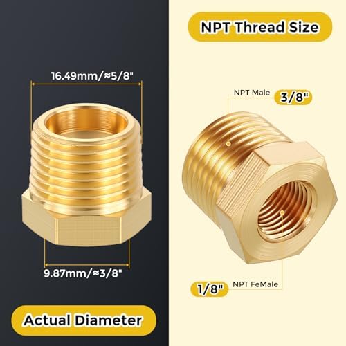 METALLIXITY 6PCS 3/8" MNPT x 1/8" FNPT Thread Brass Hex Bushing Extension | Brass Pipe Fittings, Tube Adapters Convert for Water Line, Tub Spout/Shower Head
