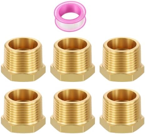 METALLIXITY 6PCS 3/4" MNPT x 3/8" FNPT Thread Brass Hex Bushing Extension | Brass Pipe Fittings, Tube Adapters Convert with Sealing Tape for Water Line, Tub Spout/Shower Head