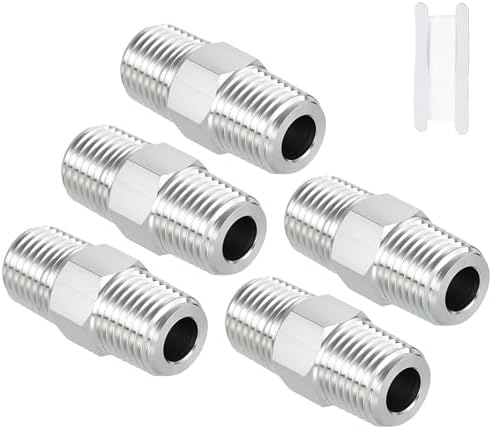 Pack of 5, 1/4" Male NPT to 1/4" Male NPT SUS304 Hex Nipple | Solid Male Pipe Adapter Hose Connectors with Sealing Tape for Pipe Repair, Bathroom Remodel, Tool Extensions, Compression