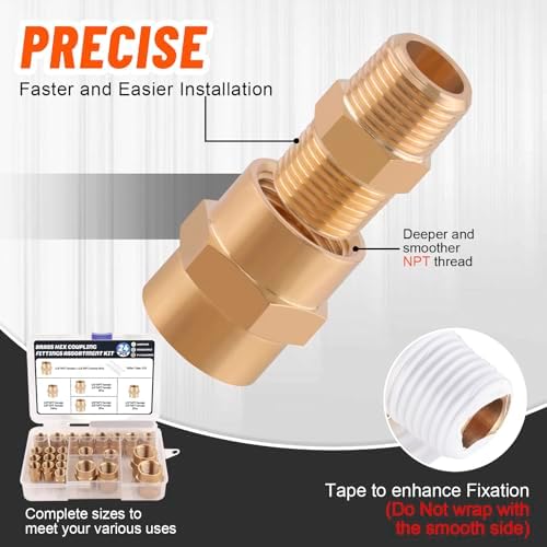 24Pcs Brass Pipe Fittings Hex Coupling Kit,1/8" 1/4" 3/8" 1/2" NPT