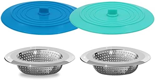 V-TOP Kitchen Drain Strainer Stopper 4 Pack, Universal 6 Inch Silicone Plug Anti-Clogging Stopper Cover, 4.5 Inch Stainless Steel Basket Strainer Food and Hair Catcher