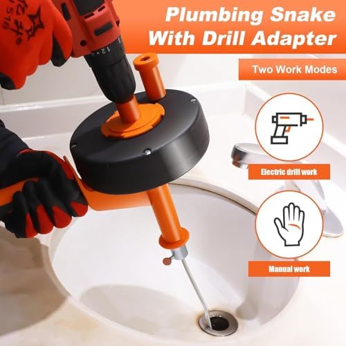 Drain Auger 33ft Drain Clog Remover with Drill Adapter, Flexible Plumbing Snake for Kitchen, Bathroom & Shower, Manual or Drill Powered (33ft Drain Auger + Tool Kit)