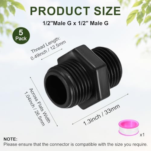M METERXITY 5-Pack Head Pipe Riser, Plastic 1/2 to 1/2 Male G Double Male Pipe Thread Head with Sealing Tape for Garden/Lawn/Irrigation System [Black]