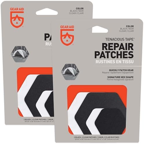 GEAR AID Tenacious Tape Hex Patches, 2.5" & 1.5", Clear/Black, 8 Count | Pre-Cut Peel-and-Stick Repair Patches for Fixing Holes, Tears and Burns in Jackets, Tents, Sleeping Bags and Gear