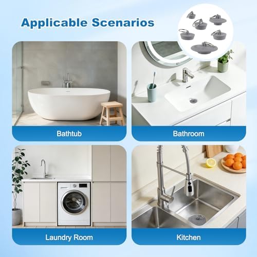 Hibbent 6 Pieces Drain Stopper, Rubber Kitchen Sink Drain Plug with Pull Ring for Bathtub, Kitchen, Bathroom and Laundry Sink in 6 Different Sizes, Grey