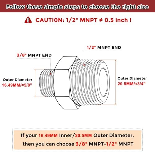 Pack of 2, 1/2" Male NPT to 3/8" Male NPT SUS304 Hex Nipple | Solid Male Pipe Adapter Hose Connectors with Sealing Tape for Pipe Repair, Bathroom Remodel, Tool Extensions, Compression