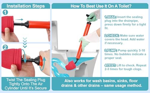 Toilet Plunger, High Pressure Air Plunger with Toilet Snake (Red)