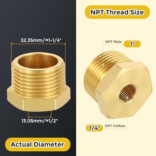 METALLIXITY 2PCS 1" MNPT x 1/4" FNPT Thread Brass Hex Bushing Extension | Brass Pipe Fittings, Tube Adapters Convert for Water Line, Tub Spout/Shower Head