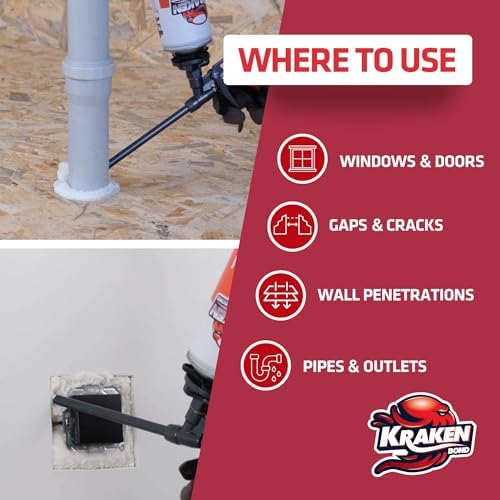Kraken Bond Window & Door Expanding Foam Sealant - (12x24oz) Professional Gap Filling Gun Use Polyurethane Spray Foam, Low Expansion Waterproof Gap Filler, Gun&Cleaner Included - 12 Pack