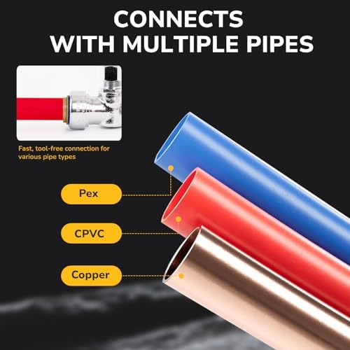 1/2" PTC x 3/8" OD Compression Straight Stop Valve, Toilet Water Shut Off for PEX, Copper, CPVC Pipe, Push to Connect Brass Plumbing Fitting with Quarter-Turn & Disconnect Clip
