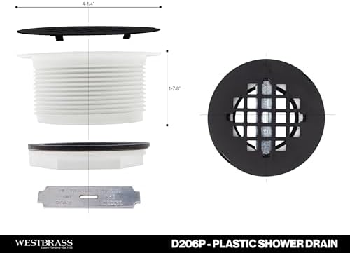 Westbrass D206P-12A 2" No-Caulk PVC Compression Shower Drain with 4-1/4" Round Grid Cover, Antique Bronze