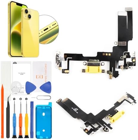 for iPhone 14 Lightning Charging Port Replacement (Yellow) USB Dock Connector Flex Cable Assembly Includes Waterproof Tape & Tool Kit for A2882, A2649, A2881, A2884, A2883