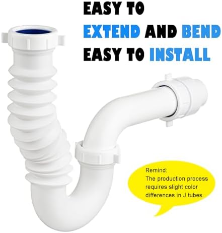 (1 Pack) Yariwiz White P Trap 1 1/2 Inch for Bathroom Kitchen Sink Drain Pipe Tubular Kit with Adjustable J-bend, White Threaded Adapter and Blue TPE Washer KSD-004W