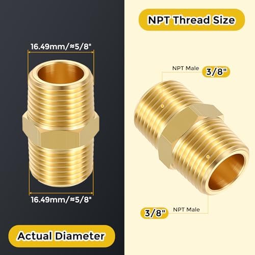 METALLIXITY 1PCS 3/8" MNPT x 3/8" MNPT Thread Brass Hex Nipple Adapter | Male Straight Extension Adapters, Brass Pipe Fittings for Water Line, Tub Spout/Shower Head