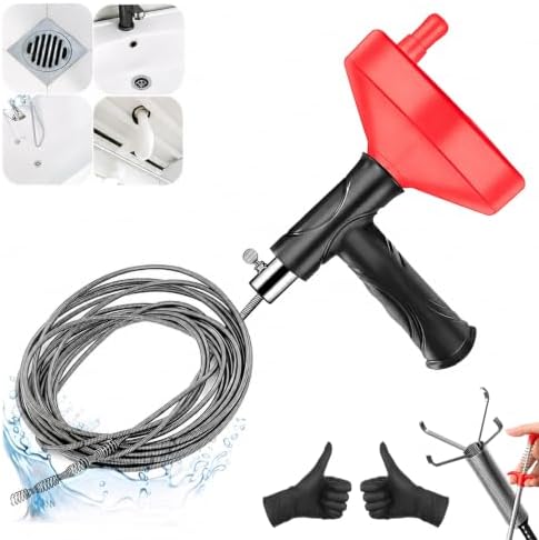 Drain Snake Auger, 33 Feet Plumbing Snake Drain Hair Clog Removal Tool, Heavy Duty Snake Auger, Sink Unclogger Drain Cleaner Tool for Bathroom Kitchen Tub Shower Drain Clog Remover with Gloves, Red
