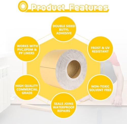 ATROPOS Pond Liner Seam Tape, 4" x 32' Self Adhesive Double Sided Butyl Adhesive Tape for EPDM Pond Liner, Waterproof Patch Repair Tape