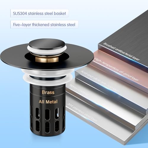 (All Metal) Bathroom Sink Stopper,Pop Up Drain for Bathroom Sink,Sink Stopper Hair Catcher,Silent Popper Core w/Removable Stainless Steel Filter Basket,Sink Drain Plug Fit for 1.05~2.0''Basin