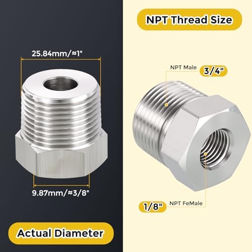 METALLIXITY 1PCS 3/4"MNPT x 1/8"FNPT Threaded SUS304 Hex Bushing Extension | 304 Stainless Steel Pipe Fittings, Tube Adapters Convert for Water Line, Tub Spout/Shower Head