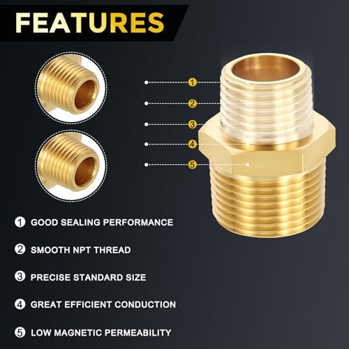 METALLIXITY 2PCS 3/4" MNPT x 1/2" MNPT Thread Brass Hex Nipple Adapter | Male Straight Extension Adapters, Brass Pipe Fittings with Sealing Tape for Water Line, Tub Spout/Shower Head