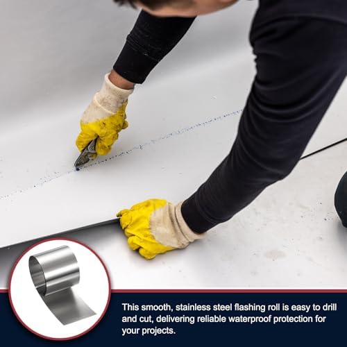 uxcell Stainless Steel Flashing Roll, 1.6in x 3.3ft Metal Roof Panels 0.3mm Waterproof Sheet Roll with Cut Proof Gloves for House Repair, Roof Flashing, Sealing Windows Doors