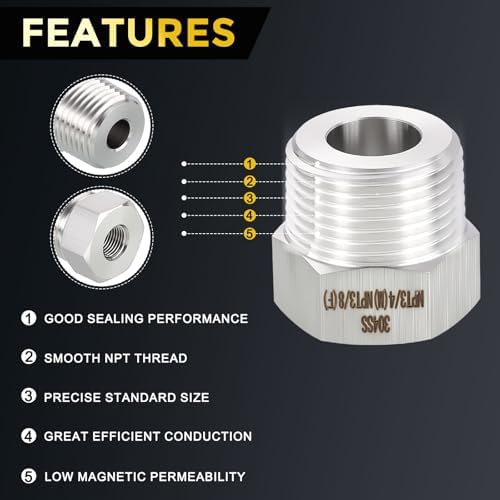 METALLIXITY 5PCS 3/4" MNPT x 3/8" FNPT Thread SUS304 Hex Bushing Extension | 304 Stainless Steel Pipe Fittings, Tube Adapters Convert for Water Line, Tub Spout/Shower Head