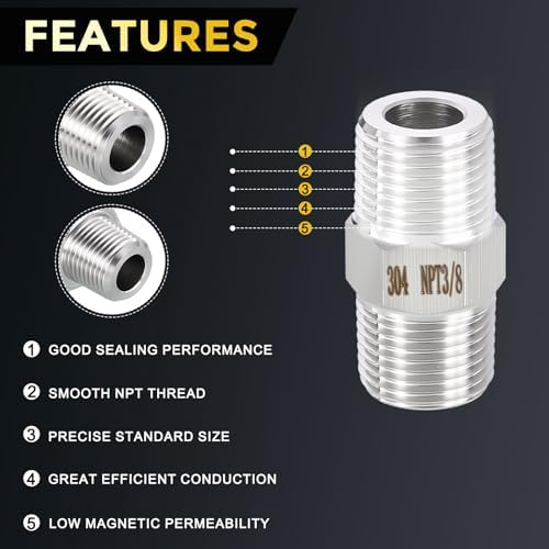 METALLIXITY 3PCS 3/8" MNPT x 3/8" MNPT Thread SUS304 Hex Nipple Adapter | Male Straight Extension Adapters, 304 Stainless Steel Pipe Fittings for Water Line, Tub Spout/Shower Head