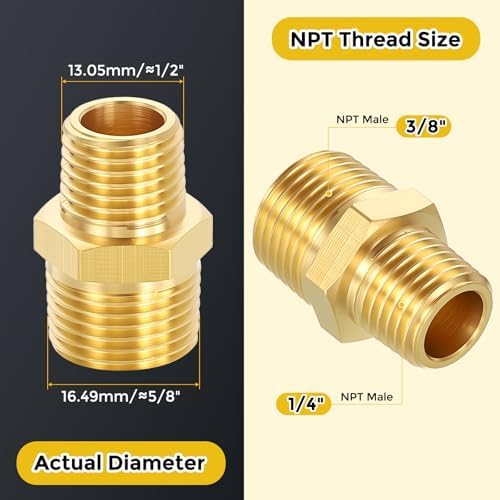 METALLIXITY 4PCS 3/8" MNPT x 1/4" MNPT Thread Brass Hex Nipple Adapter | Male Straight Extension Adapters, Brass Pipe Fittings for Water Line, Tub Spout/Shower Head