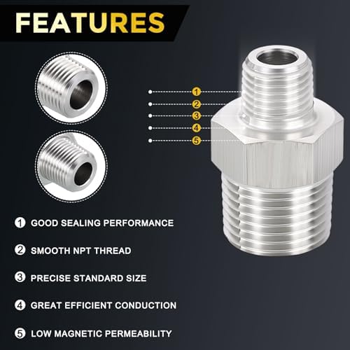METALLIXITY 10PCS 3/8" MNPT x 1/8" MNPT Thread SUS304 Hex Nipple Adapter | Male Straight Extension Adapters, 304 Stainless Steel Pipe Fittings for Water Line, Tub Spout/Shower Head